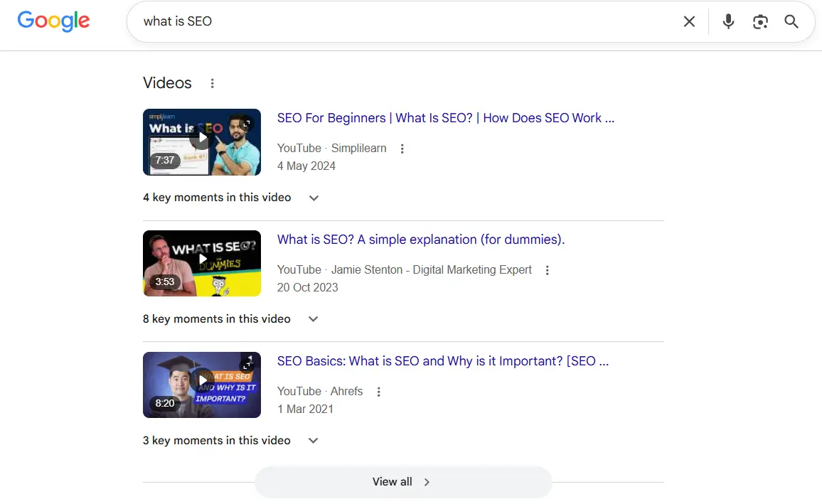 Video snippet on Google SERP